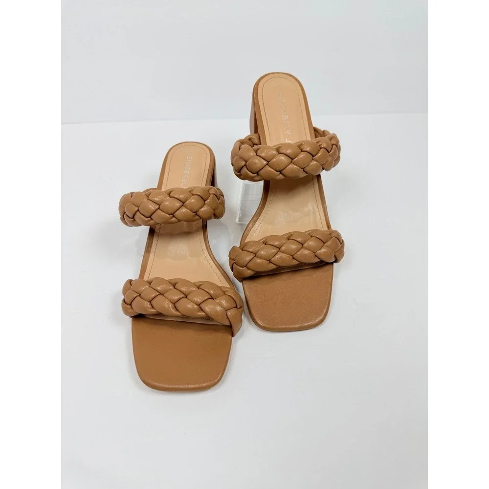 Sincerely Jules Onyx Tan Braided Double Strap Block Heel Slide Sandals Size‎ 9M